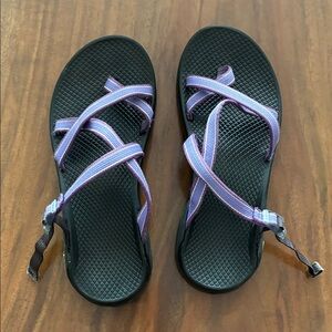 Black chacos with Purple Straps